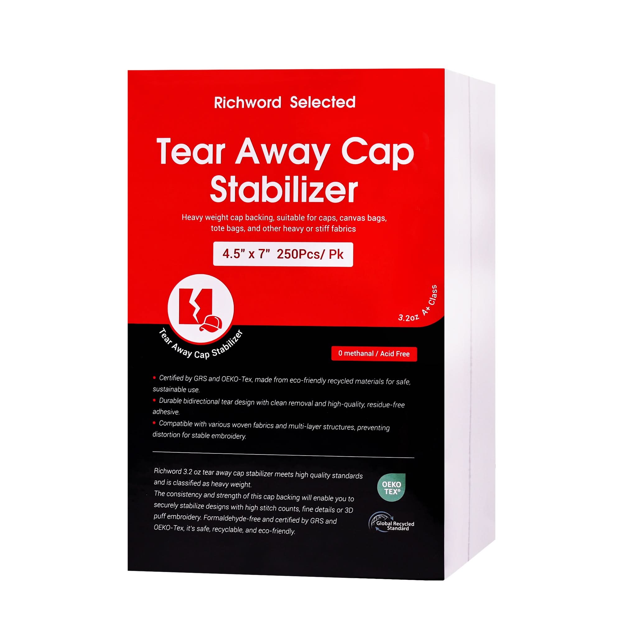 Tear Away Embroidery Machine Cap Stabilizer Backing Sheet Package 2.5oz  4.5in*7in*250pcs