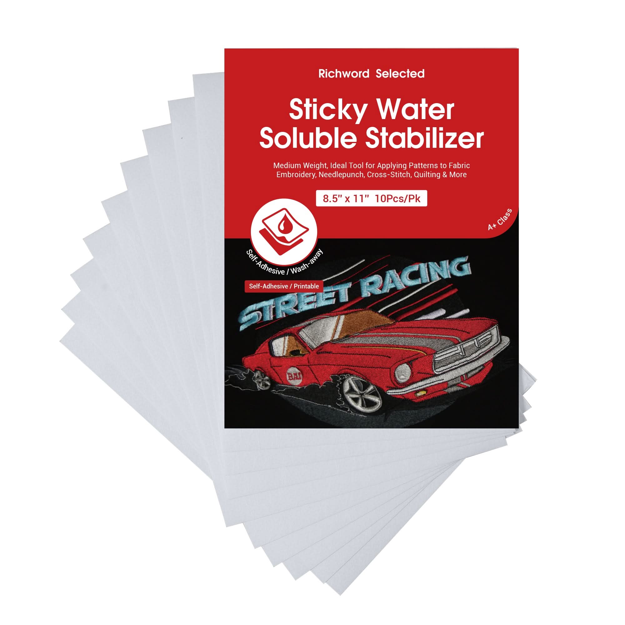 Richword Selected Printable Water Soluble Stabilizer Paper 8.5"x11" - Sticky & Wash-Away Embroidery Backing - 10 Sheets for Machine/Hand Embroidery