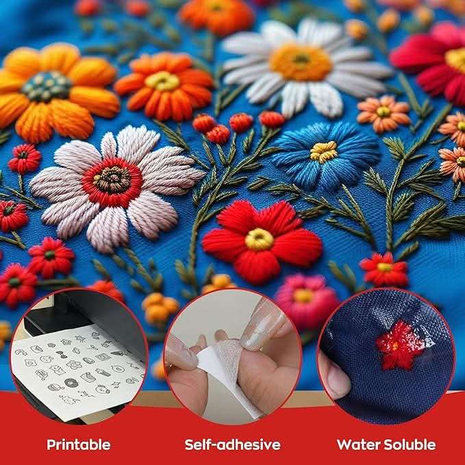 Richword Selected Printable Water Soluble Stabilizer Paper 8.5"x11" - Sticky & Wash-Away Embroidery Backing - 10 Sheets for Machine/Hand Embroidery