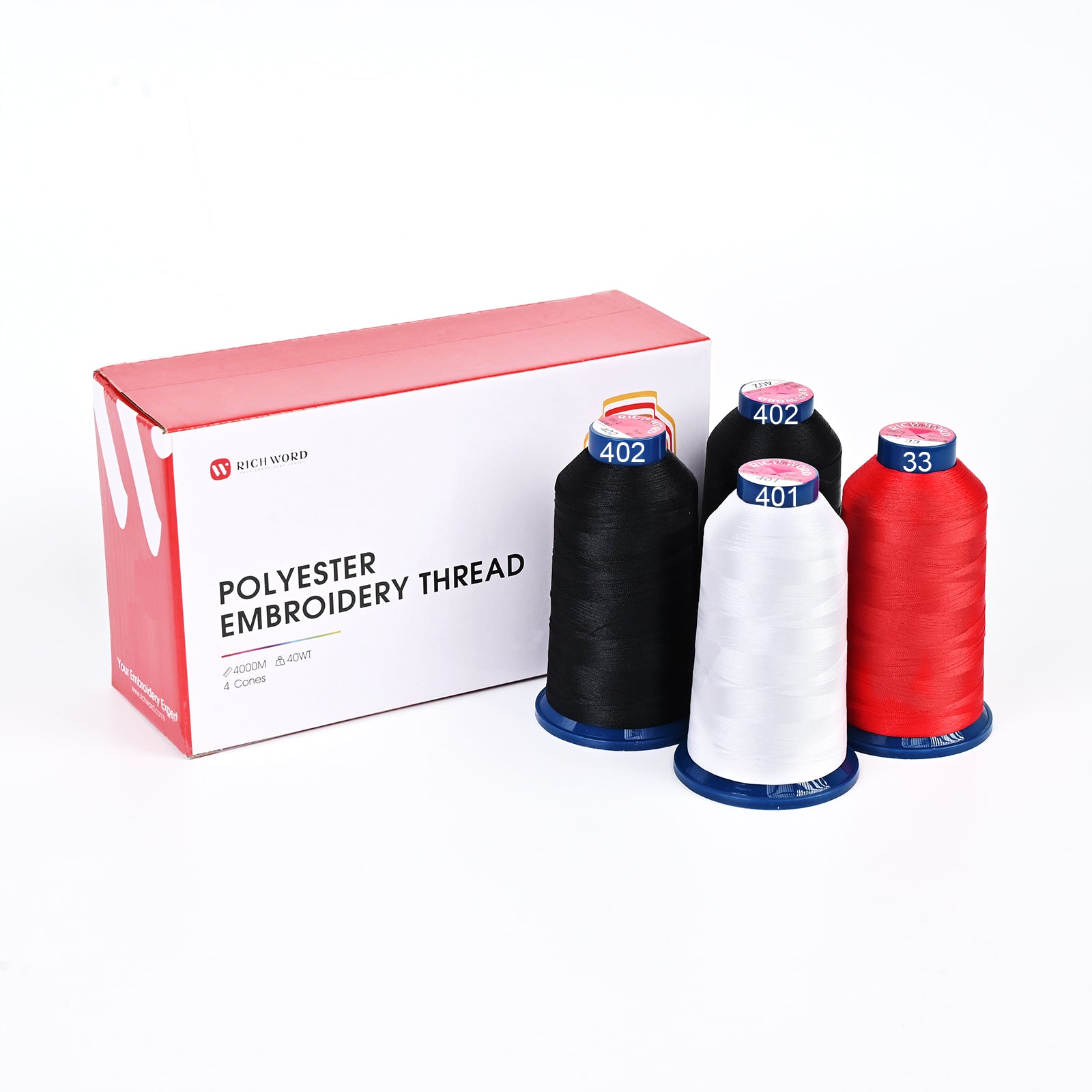 4000m* 4 pack 2 Black, White and Red 108D/2 40wt Richword Polyester Embroidery Thread / Sewing Thread