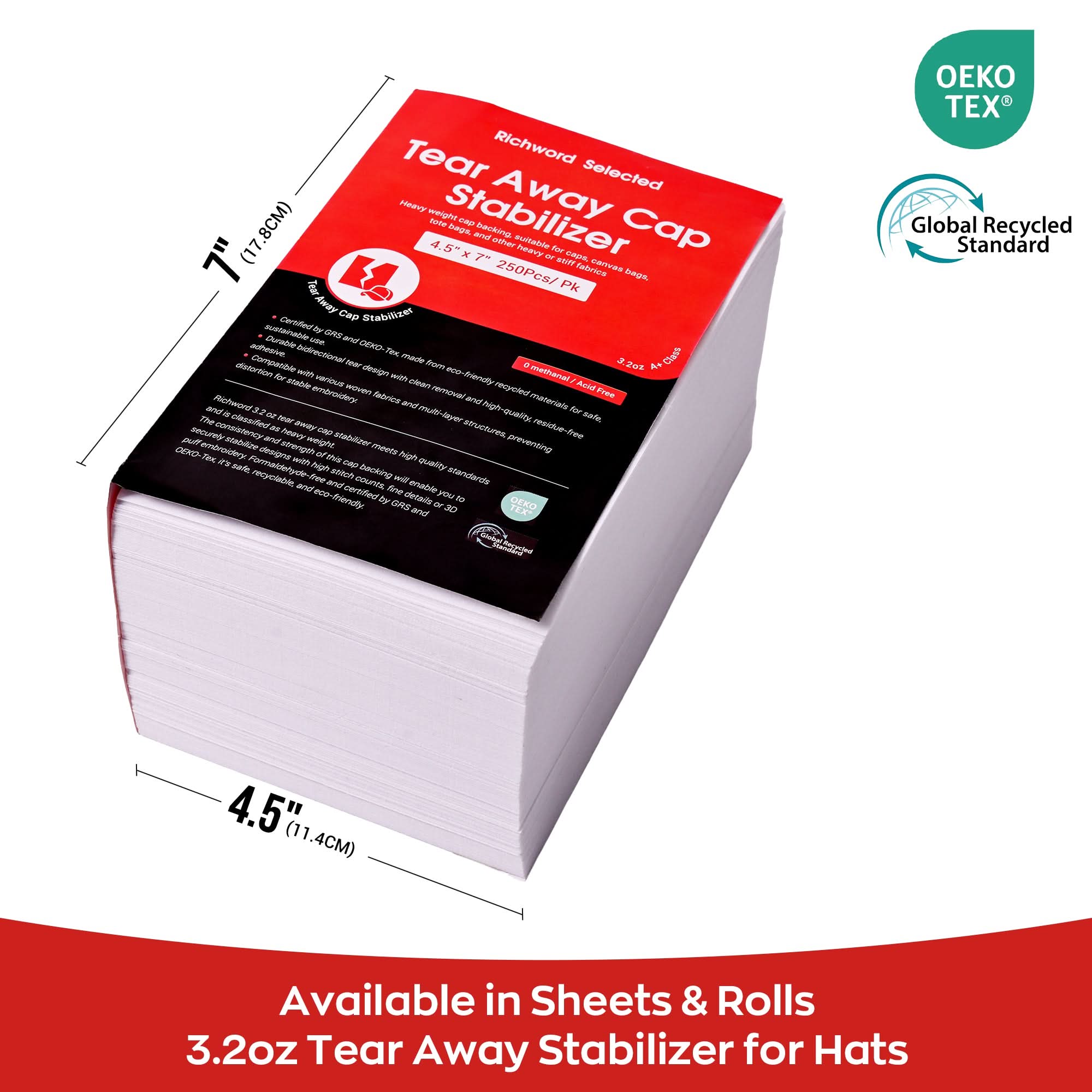 Tear Away Embroidery Machine Cap Stabilizer Backing Sheet Package 2.5oz  4.5in*7in*250pcs