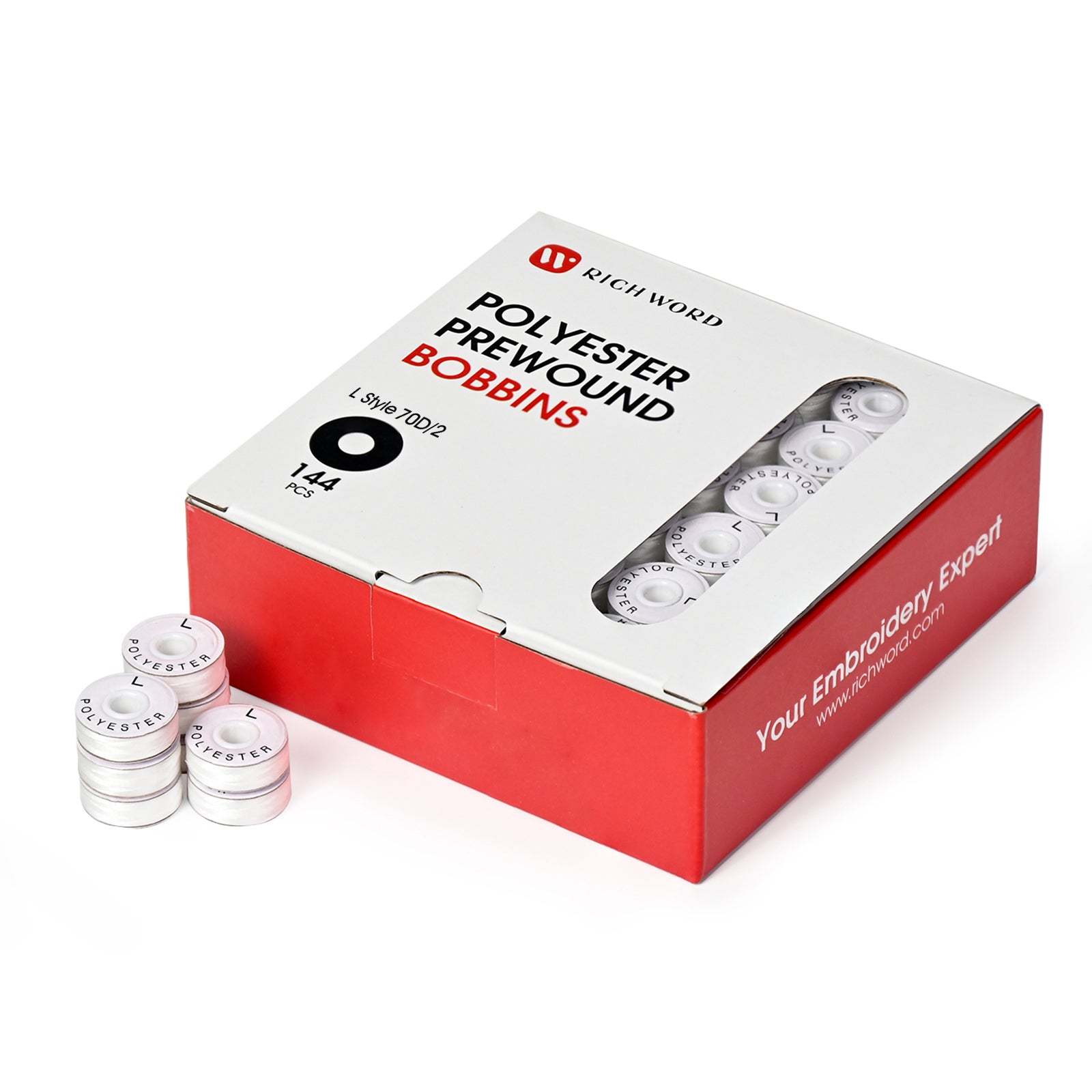 Style L Prewound Paper Side 70D/2(60WT)  White Embroidery Bobbins(144 Bobbins)