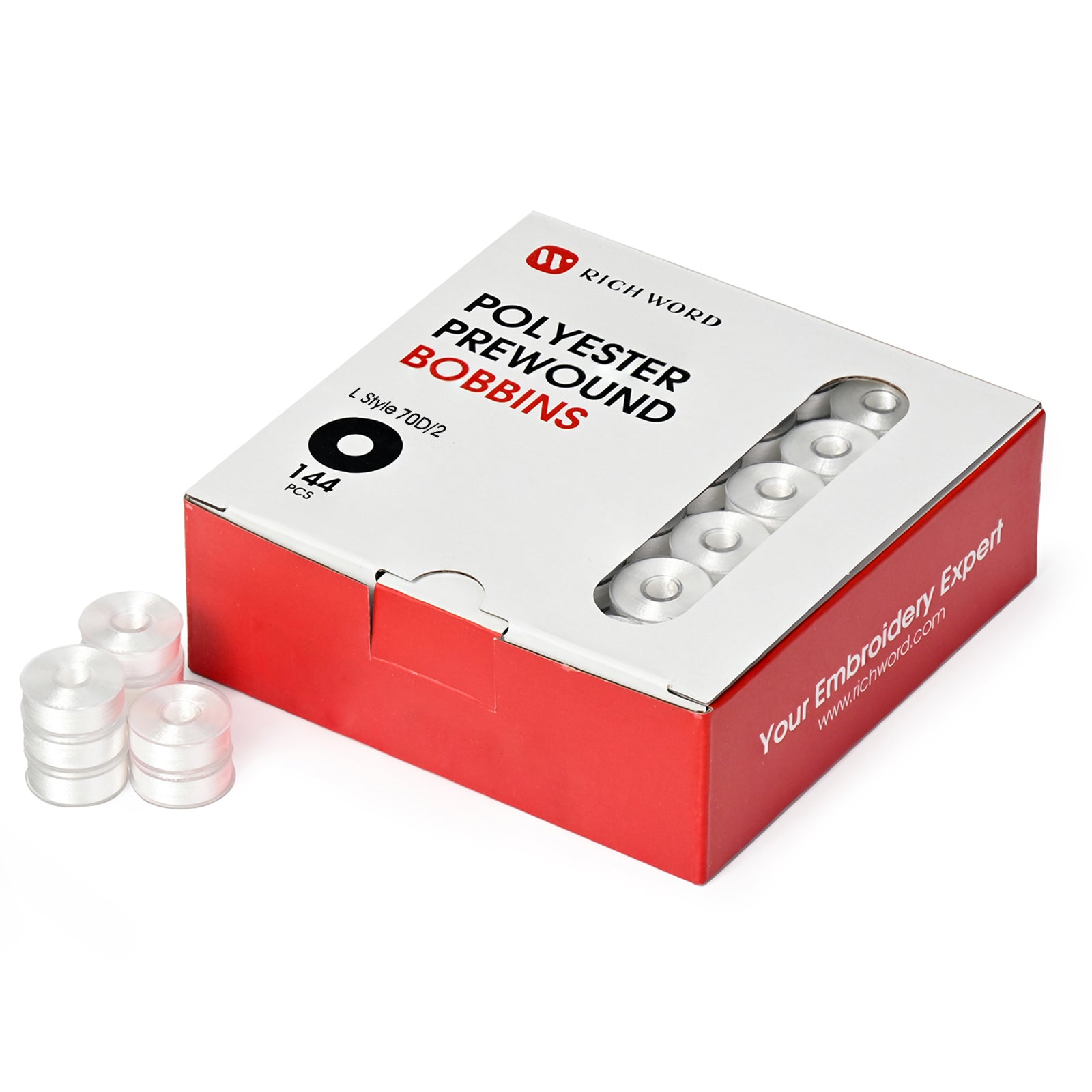 Style L Prewound Plastic Side 70D/2(60WT) White Embroidery Bobbins(144 Bobbins)