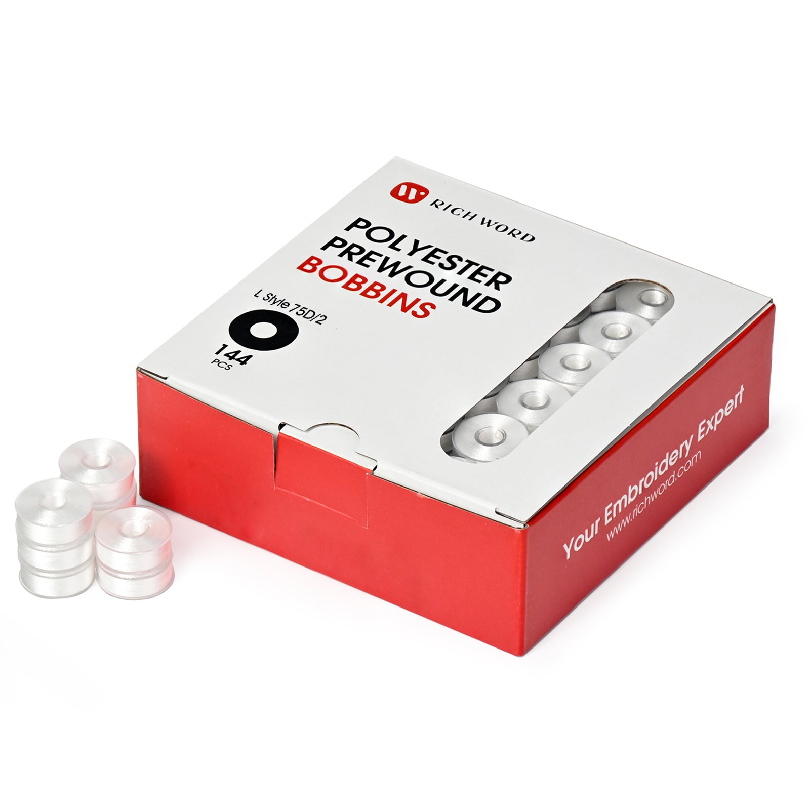 Style L Prewound Plastic Side 75D/2(60WT) White Embroidery Bobbins(144 Bobbins)