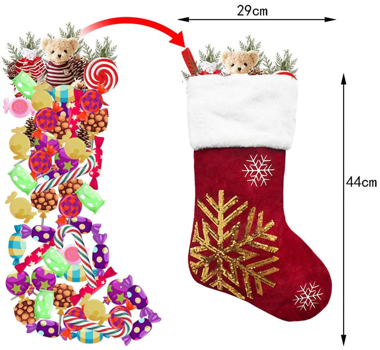 Red flannel Christmas stocking with golden sequins size:44*29*35cm