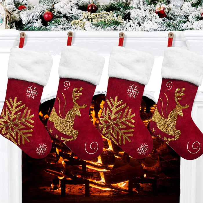 Red flannel Christmas stocking with golden sequins size:44*29*35cm
